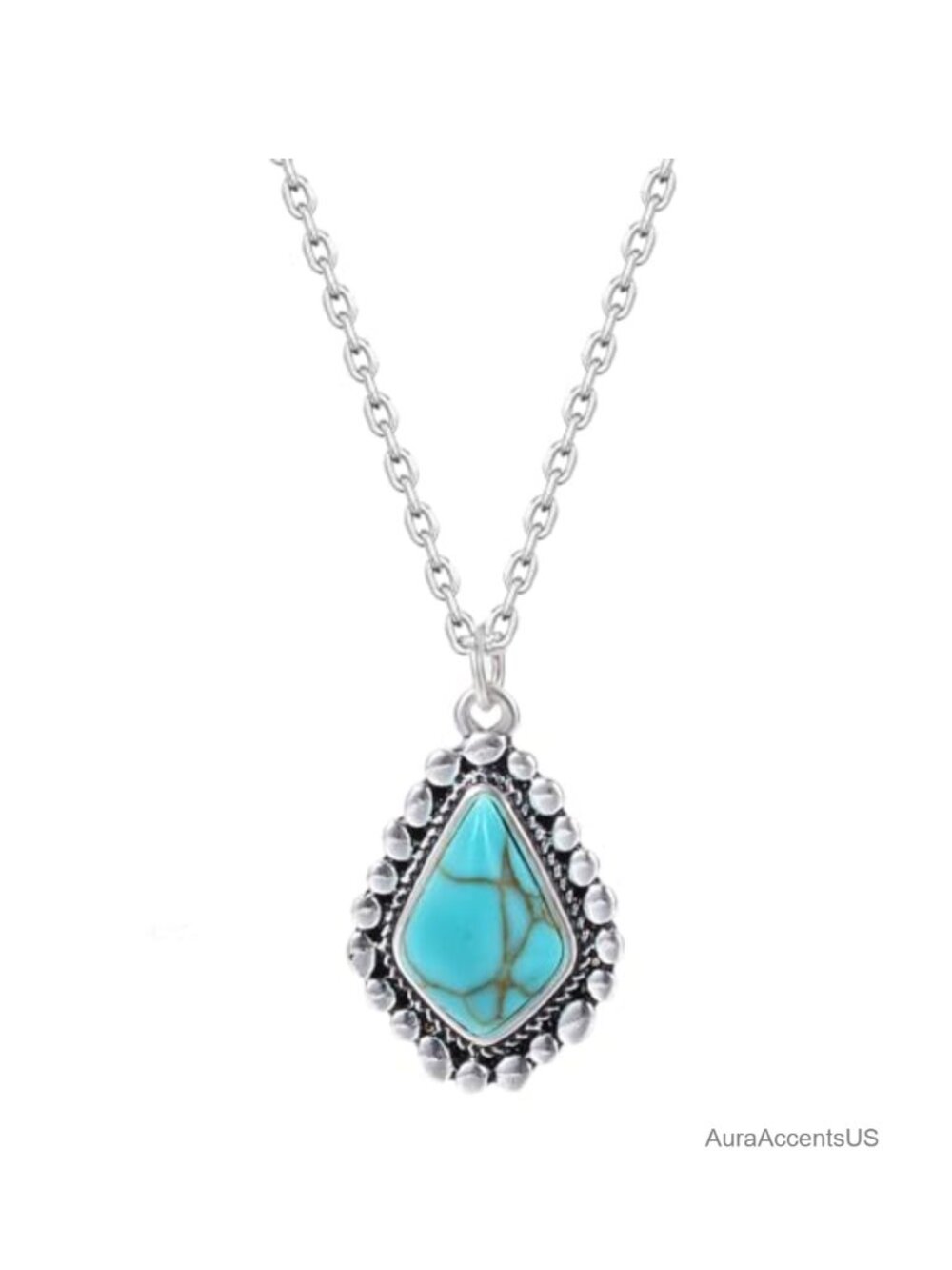 Turquoise Pendant Necklace 925 Sterling Silver 18K White Gold Plated 18"
